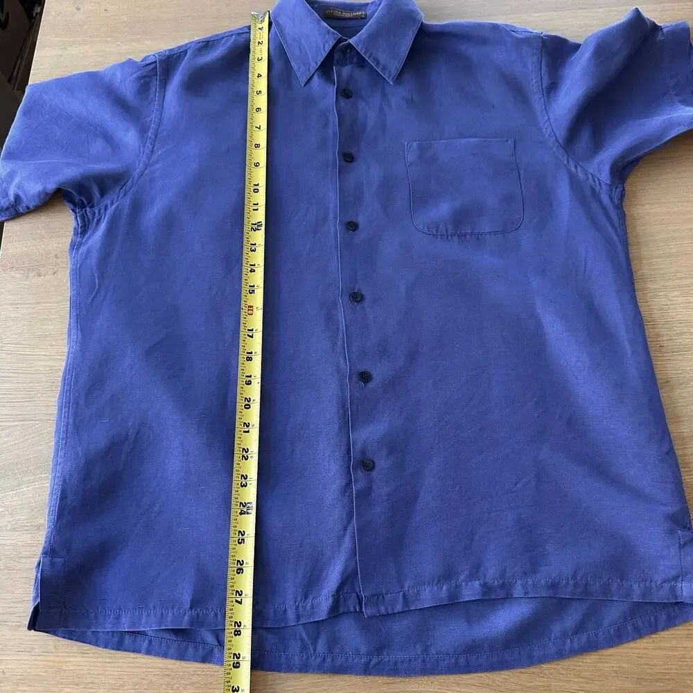 Tasso Elba Silk Linen Short Sleeve Camp Shirt Men's M Blue Coastal Preppy Island